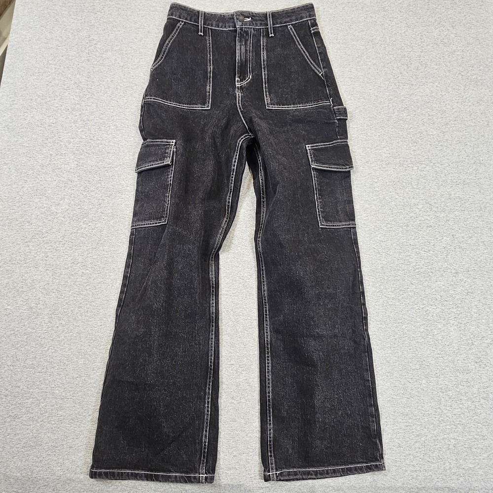 Social Tourist Washed Black Contrast Stitch Wide Leg Cargo Jeans 5R W27